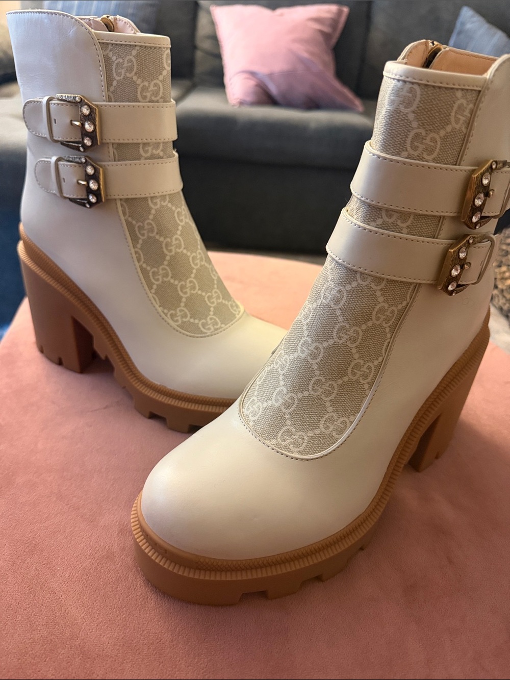 Gucci Cream Monogram Ankle Boots with Tan Lug Sole